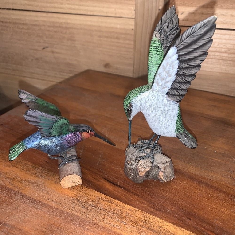 VTG Pair Of Hand Carved Painted Wood Hummingbird Figurine Sculpture on Wood Base